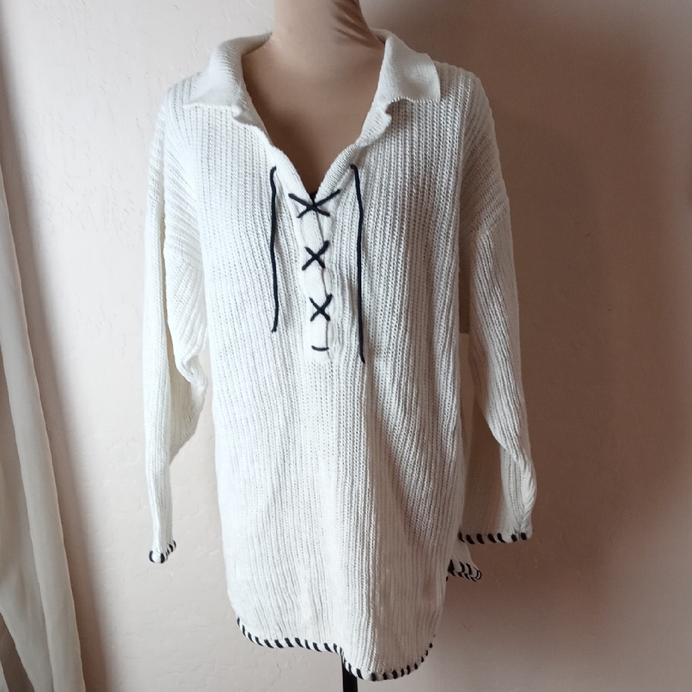 Styles to Go White Knit Sweater with Black Lace-Up Detail